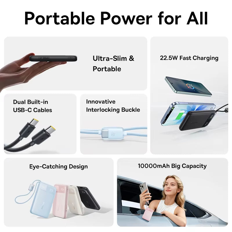 10000mAh Power Bank 22.5W Fast Charging Built-in USB C Cable Digital Display