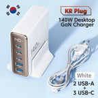 140W GaN Desktop Charger in white with metallic front, LED wattage display, three USB-C ports and two USB-A ports, plus power cable.
