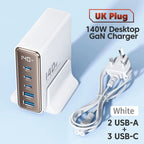 140W GaN Desktop Charger in white with a glossy casing, five front USB ports, LED display and UK plug cable.