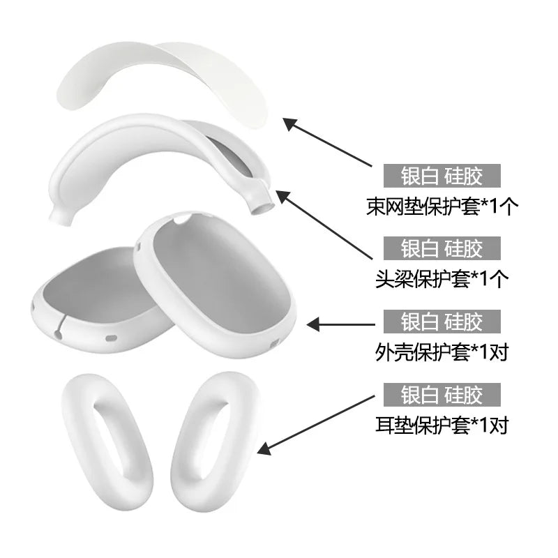 4 in 1 AirPods Max Silicone Protective Case Set Full Coverage Headband Earpad Cover