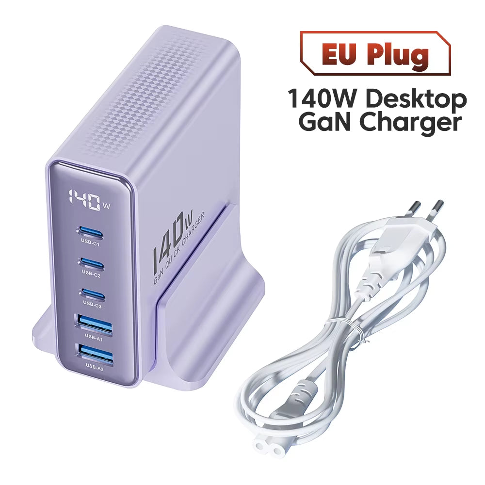 140W GaN Desktop Charger 5 Port USB C Fast Charging Station LED Display
