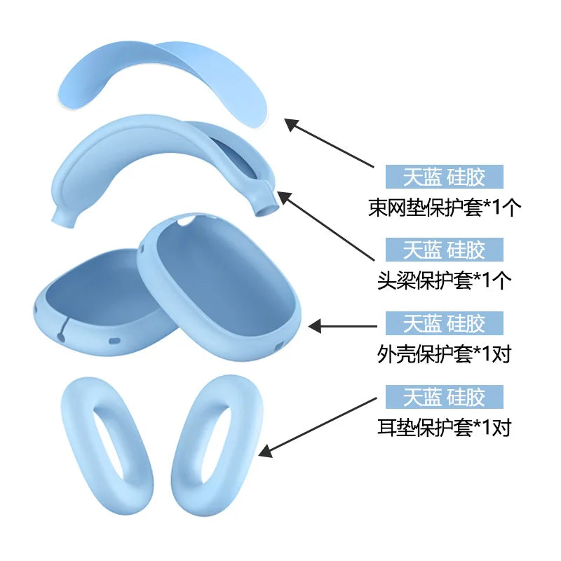 4 in 1 AirPods Max Silicone Protective Case Set Full Coverage Headband Earpad Cover