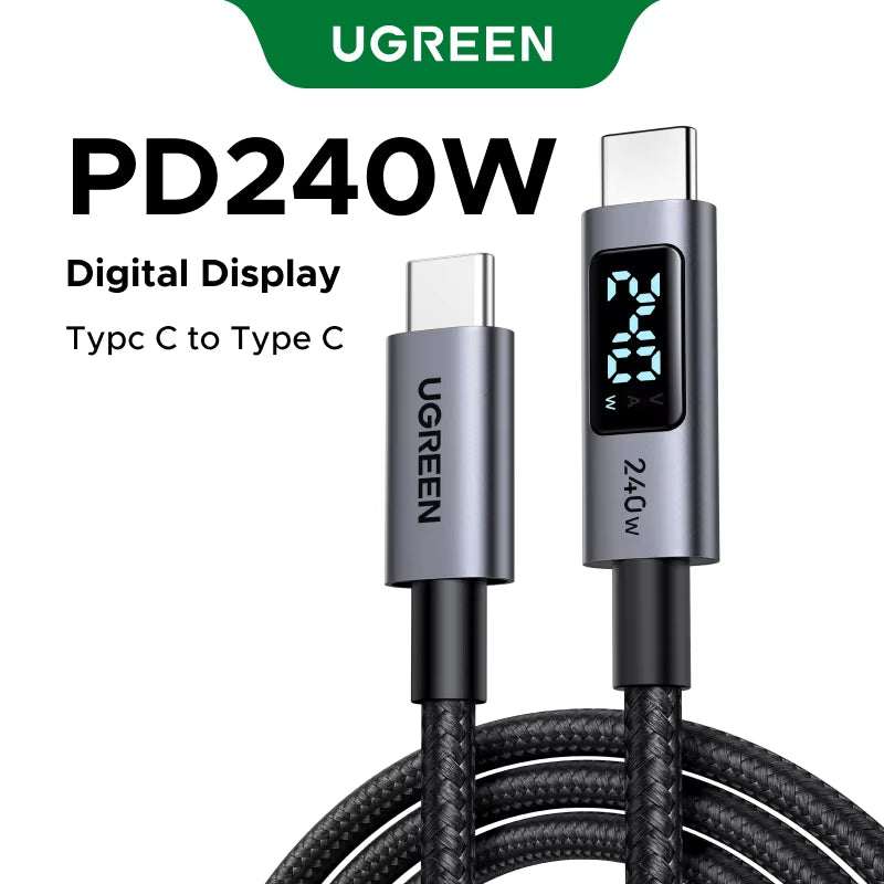 240W USB C to USB C Cable with a black braided cord, silver connectors and a digital power display.
