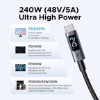 240W USB C to USB C Cable with black braided cord, metallic connectors and an integrated digital power display.