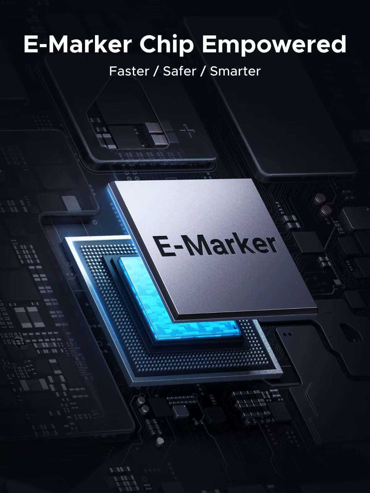 240W USB C to USB C Cable with E-Marker chip graphic, featuring a silver chip over a blue circuit board.