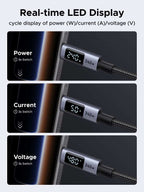240W USB C to USB C Cable with a black braided cord, silver connectors and an integrated digital display showing charging data.