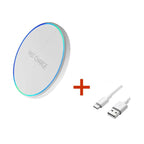 3 in 1 Wireless Charger, a round white wireless charging pad with blue and green edge accents, shown with a USB cable.