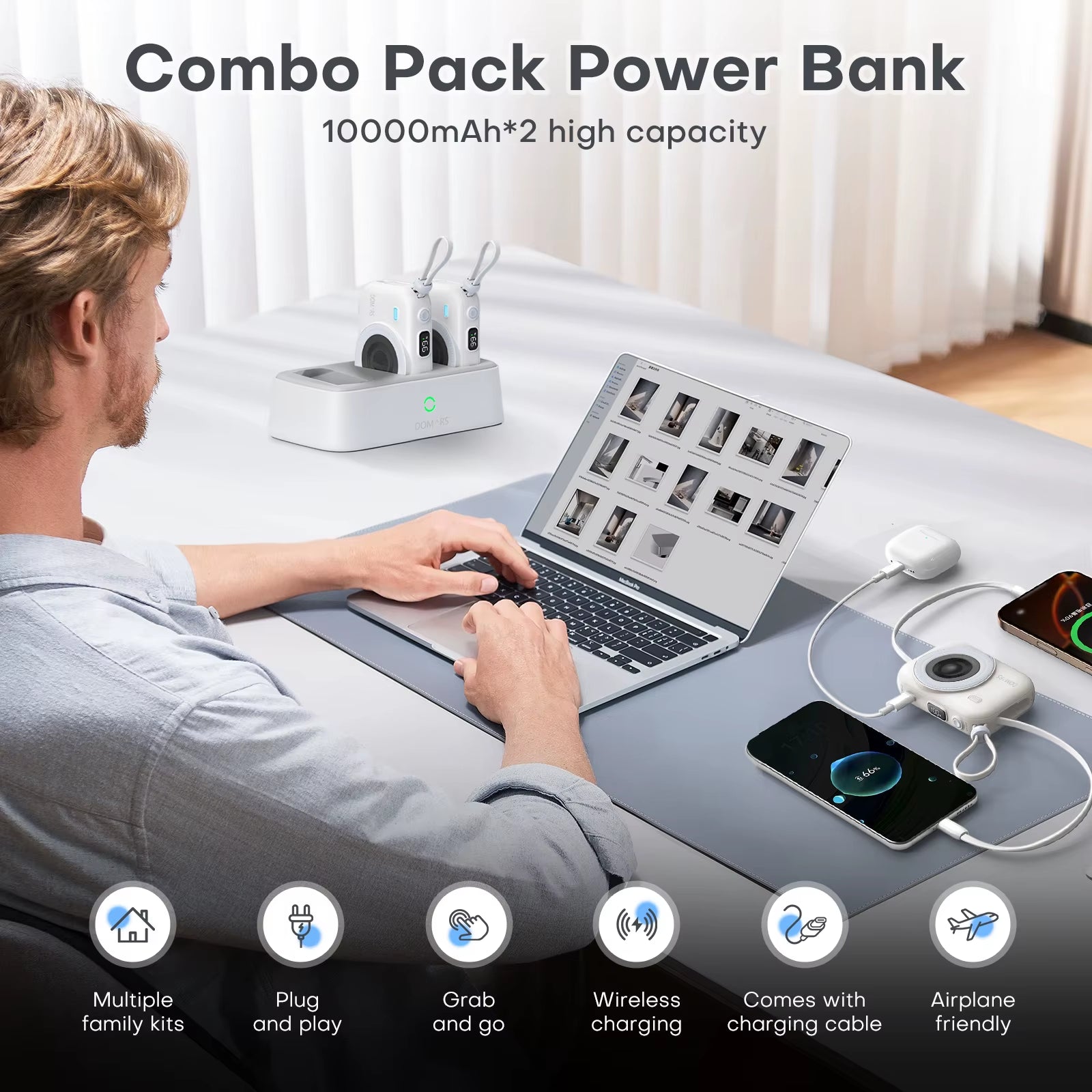 3 Pack Magnetic Power Bank 10000mAh Wireless Charging Set with Dock Fast Charger