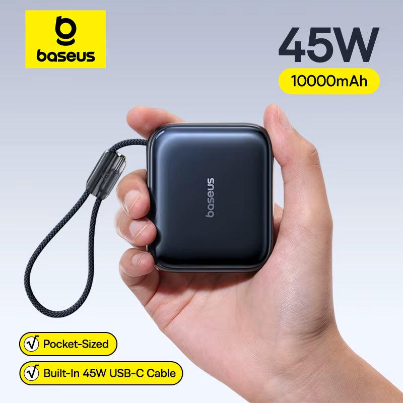 10000mAh Power Bank 45W Fast Charging Mini Built-in USB-C Cable Portable
