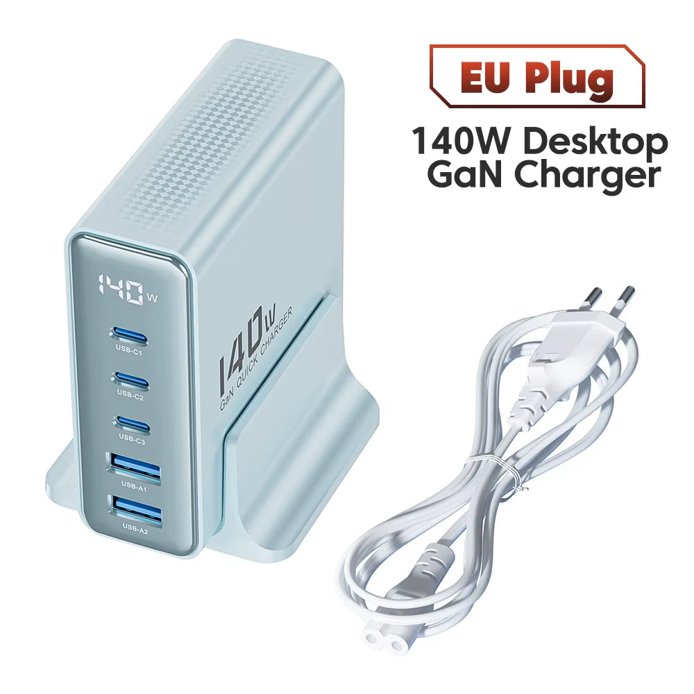 140W GaN Desktop Charger 5 Port USB C Fast Charging Station LED Display