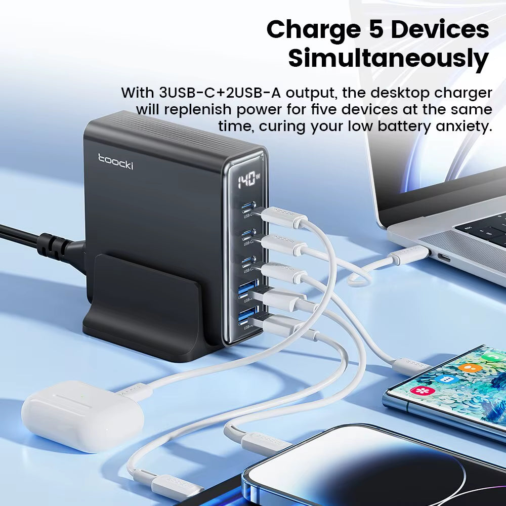 140W GaN Desktop Charger 5 Port USB C Fast Charging Station LED Display