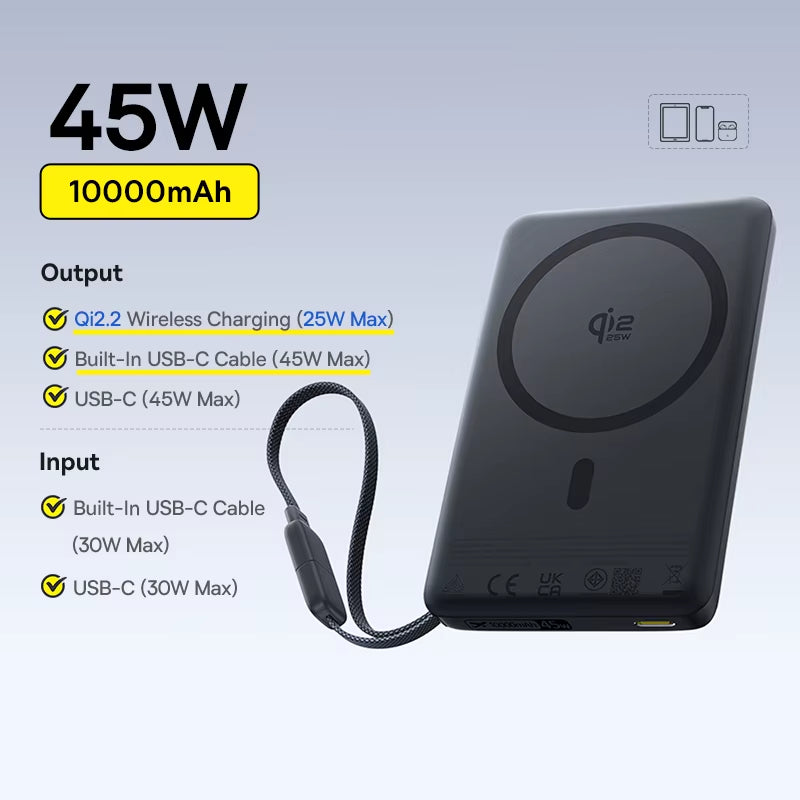 Qi2 Magnetic Power Bank 10000mAh 15W Wireless 22.5W Fast Charging Portable