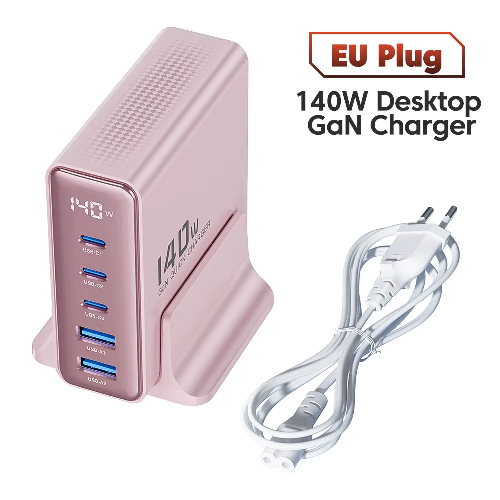 140W GaN Desktop Charger 5 Port USB C Fast Charging Station LED Display