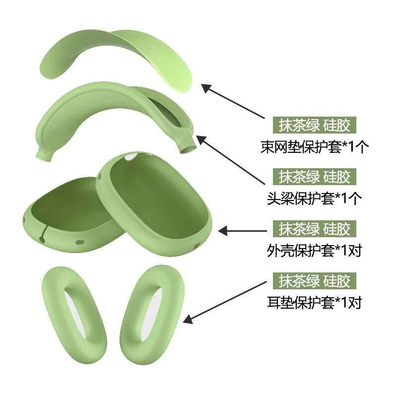 4 in 1 AirPods Max Silicone Protective Case Set Full Coverage Headband Earpad Cover
