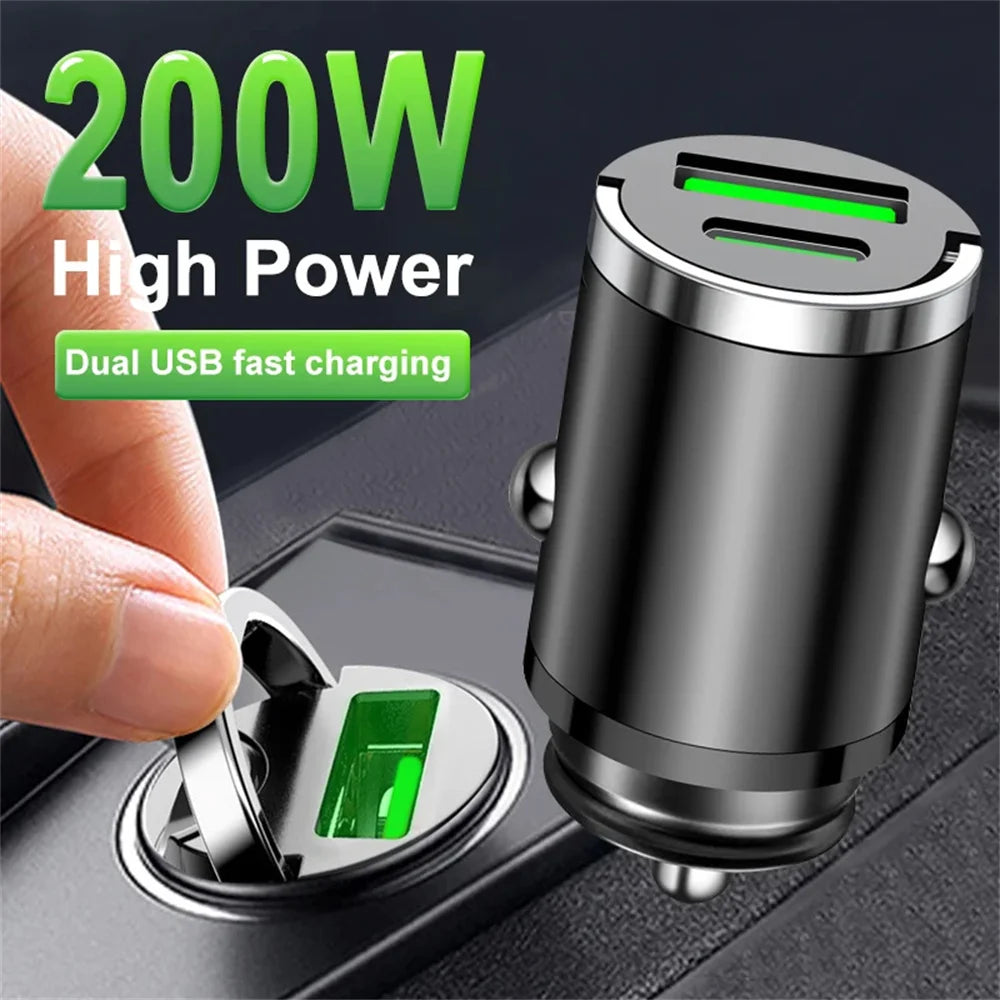 200W Dual USB Car Charger Fast Charging Adapter Compact Alloy Design