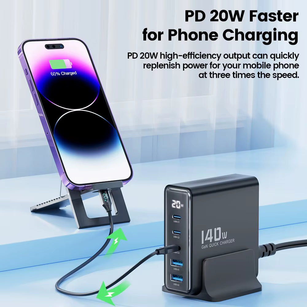 140W GaN Desktop Charger 5 Port USB C Fast Charging Station LED Display