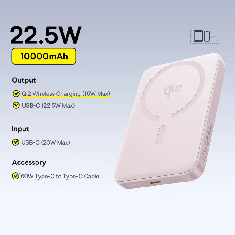 Qi2 Magnetic Power Bank 10000mAh 15W Wireless 22.5W Fast Charging Portable