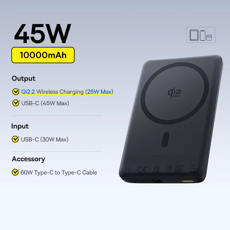 Qi2 Magnetic Power Bank 10000mAh 15W Wireless 22.5W Fast Charging Portable