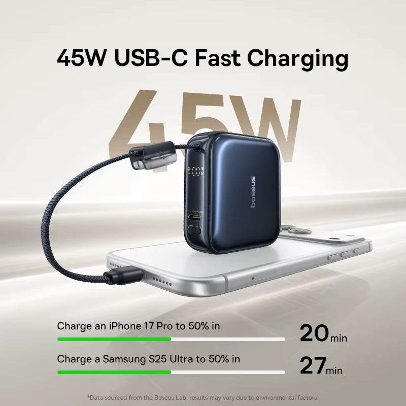 10000mAh Power Bank 45W Fast Charging Mini Built-in USB-C Cable Portable