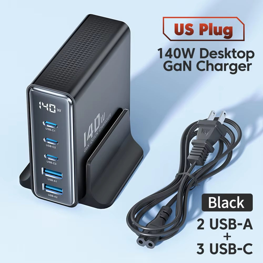 140W GaN Desktop Charger 5 Port USB C Fast Charging Station LED Display