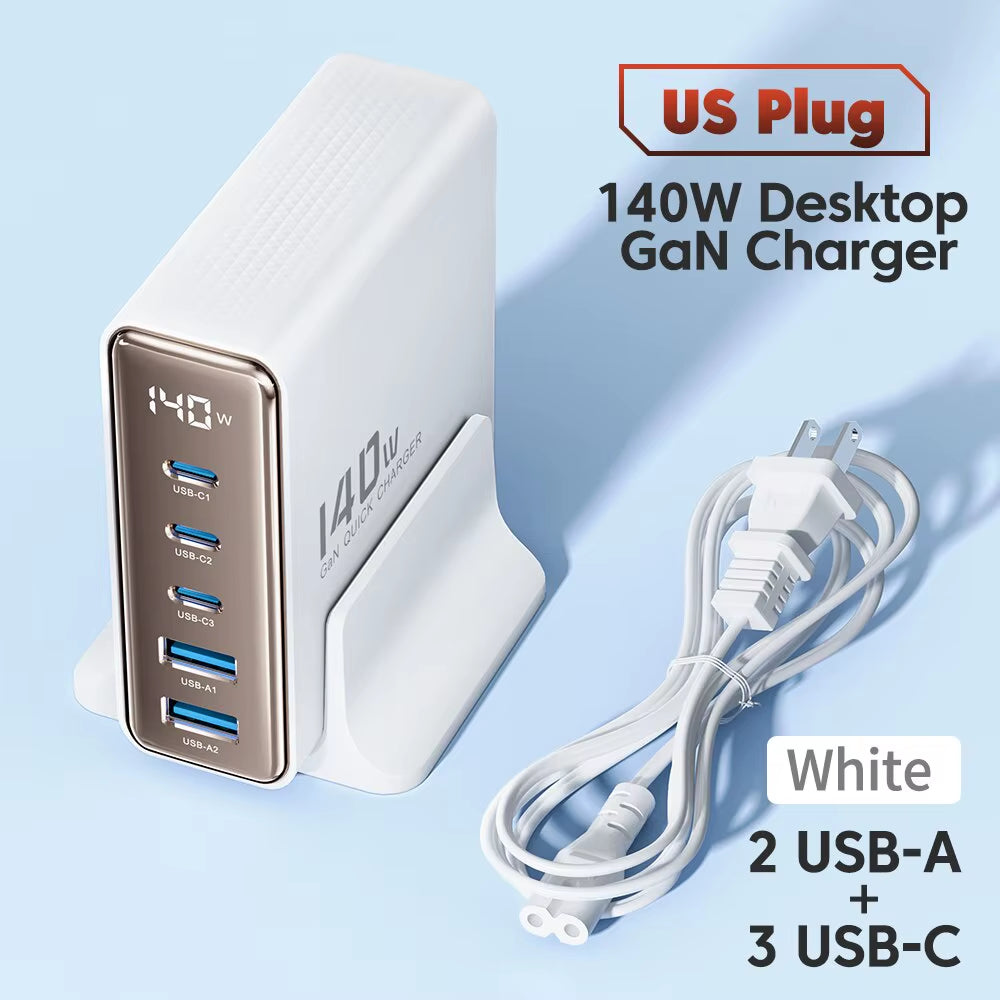 140W GaN Desktop Charger 5 Port USB C Fast Charging Station LED Display