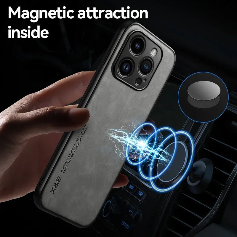 Luxury Leather iPhone Case with Metal Plate Magnetic Car Mount Support Cover