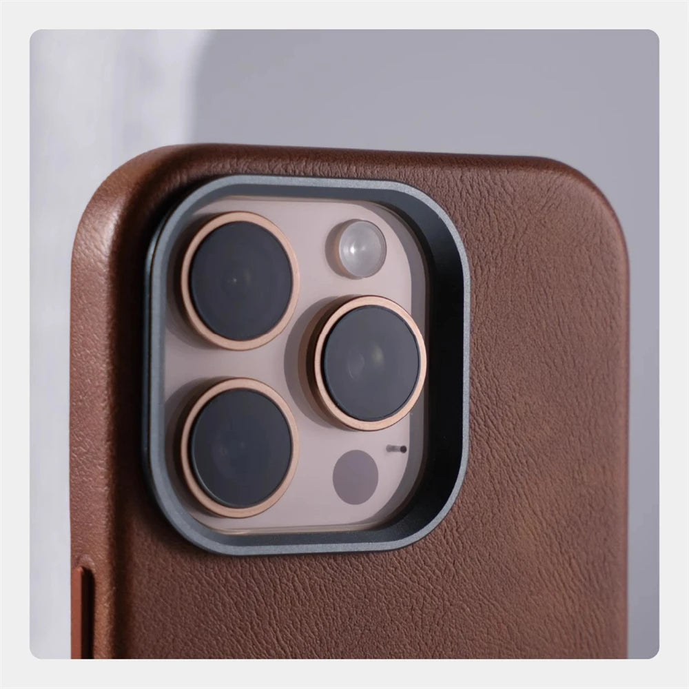 Luxury Retro Leather MagSafe iPhone Case Business Magnetic Alloy Lens Cover