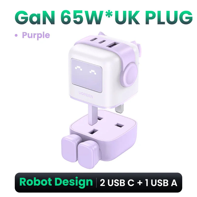 UGREEN 65W GaN Charger Robot Design PD Fast Charger USB-C Multi Port Adapter