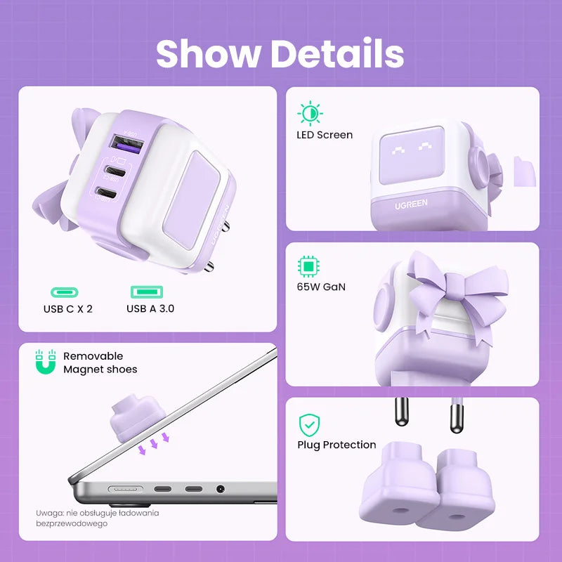 UGREEN 65W GaN Charger Robot Design PD Fast Charger USB-C Multi Port Adapter