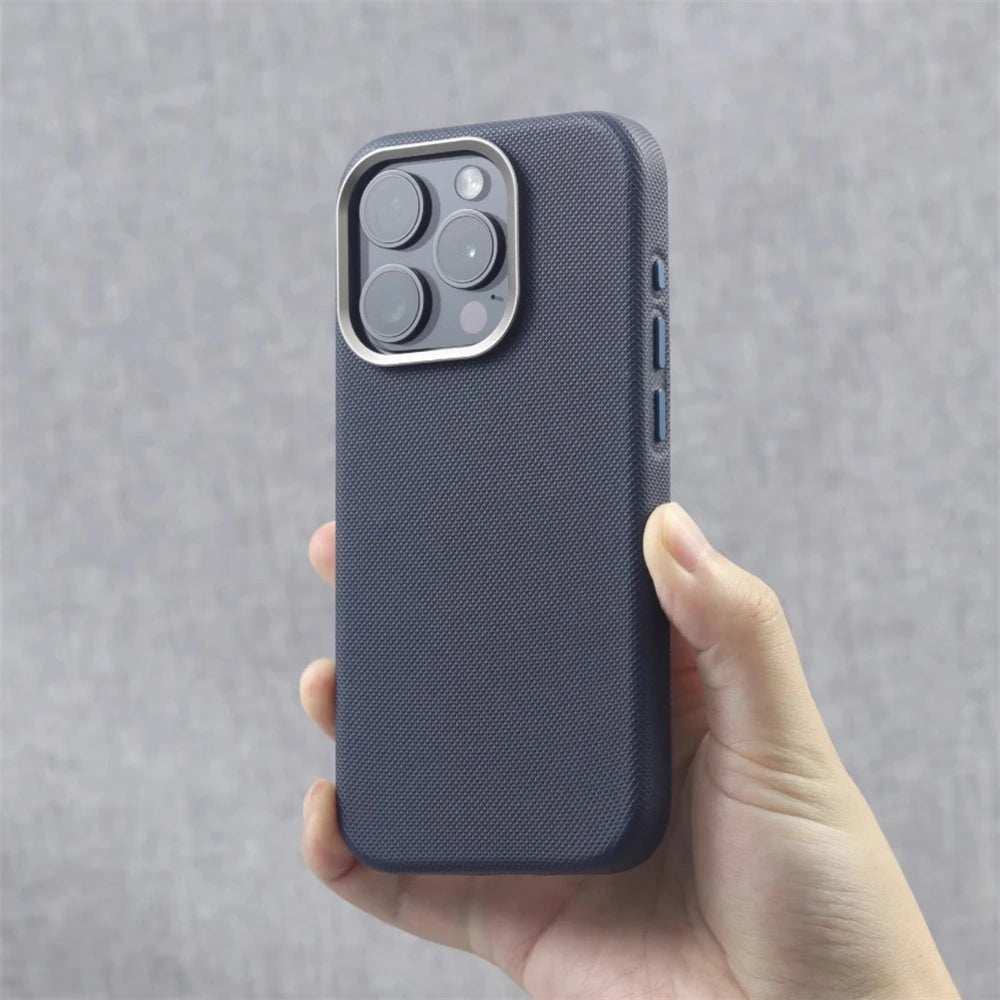 Luxury PU Leather Magnetic iPhone Case Alloy Lens Frame MagSafe Cover
