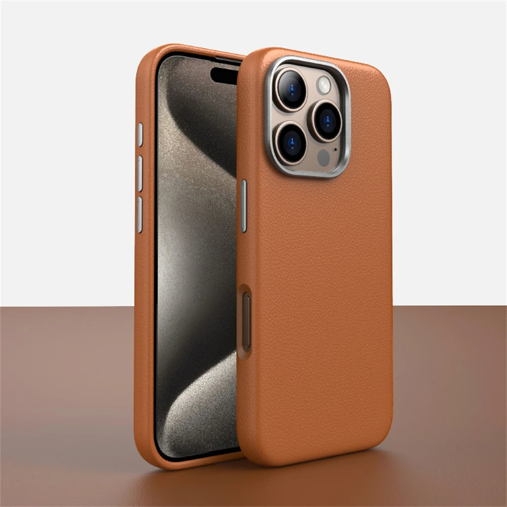 Luxury Business PU Leather Magnetic iPhone Case Metal Camera MagSafe Cover