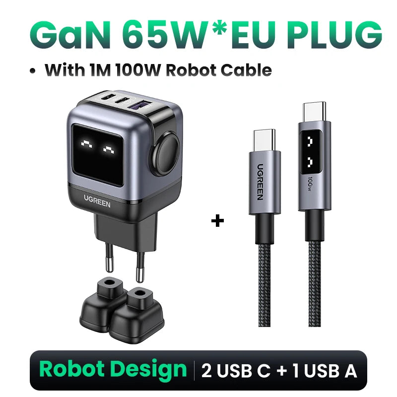 UGREEN 65W GaN Charger Robot Design PD Fast Charger USB-C Multi Port Adapter