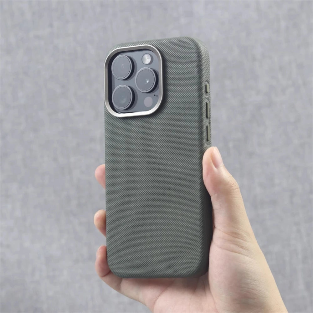 Luxury PU Leather Magnetic iPhone Case Alloy Lens Frame MagSafe Cover