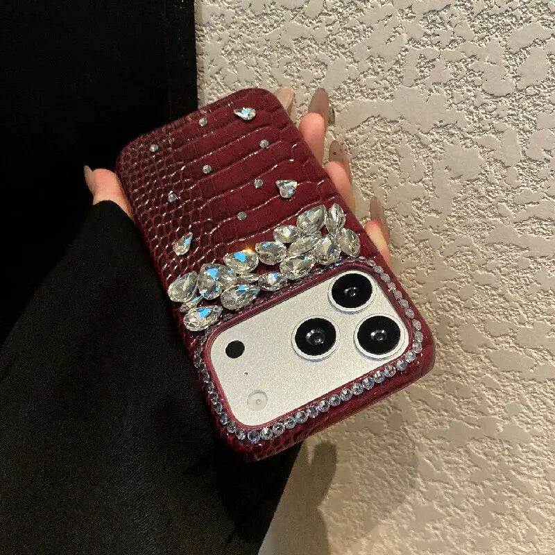 Luxury Crocodile Grain Leather iPhone Case Jewelled Hard Back Protective Cover