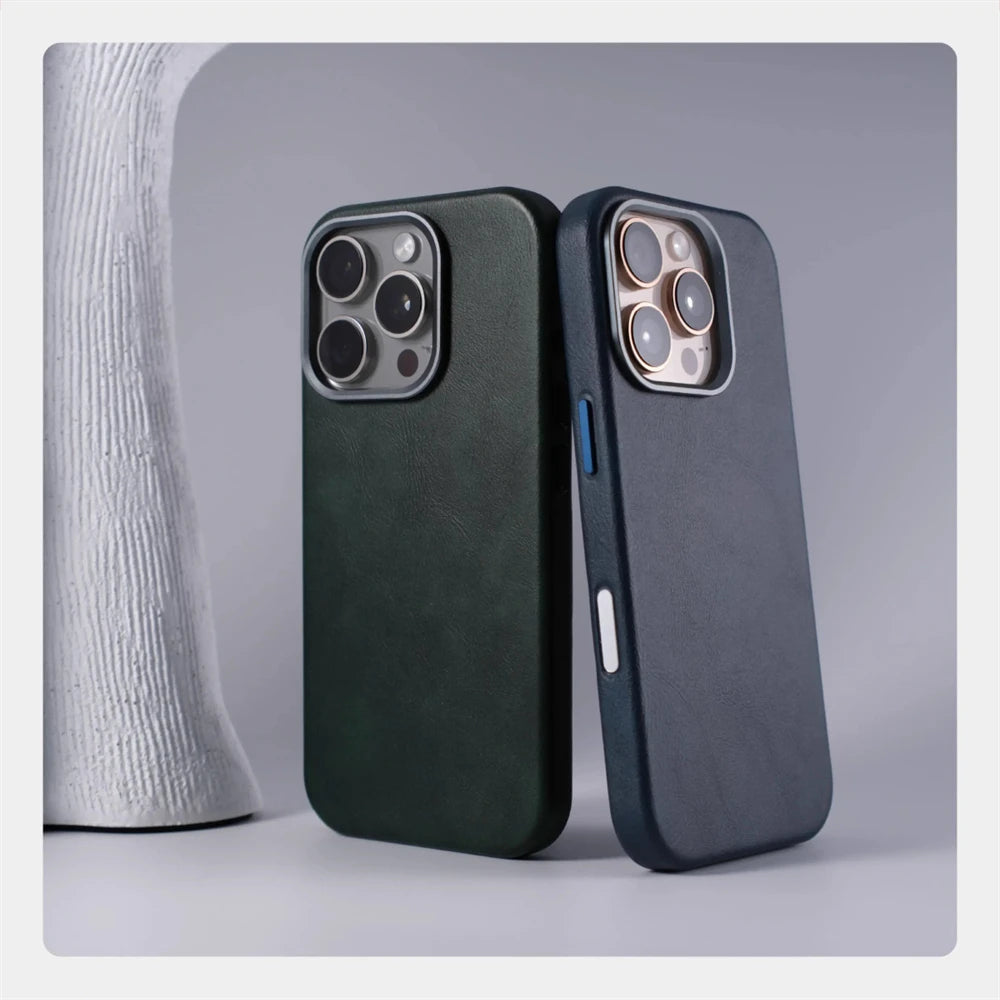Luxury Retro Leather MagSafe iPhone Case Business Magnetic Alloy Lens Cover