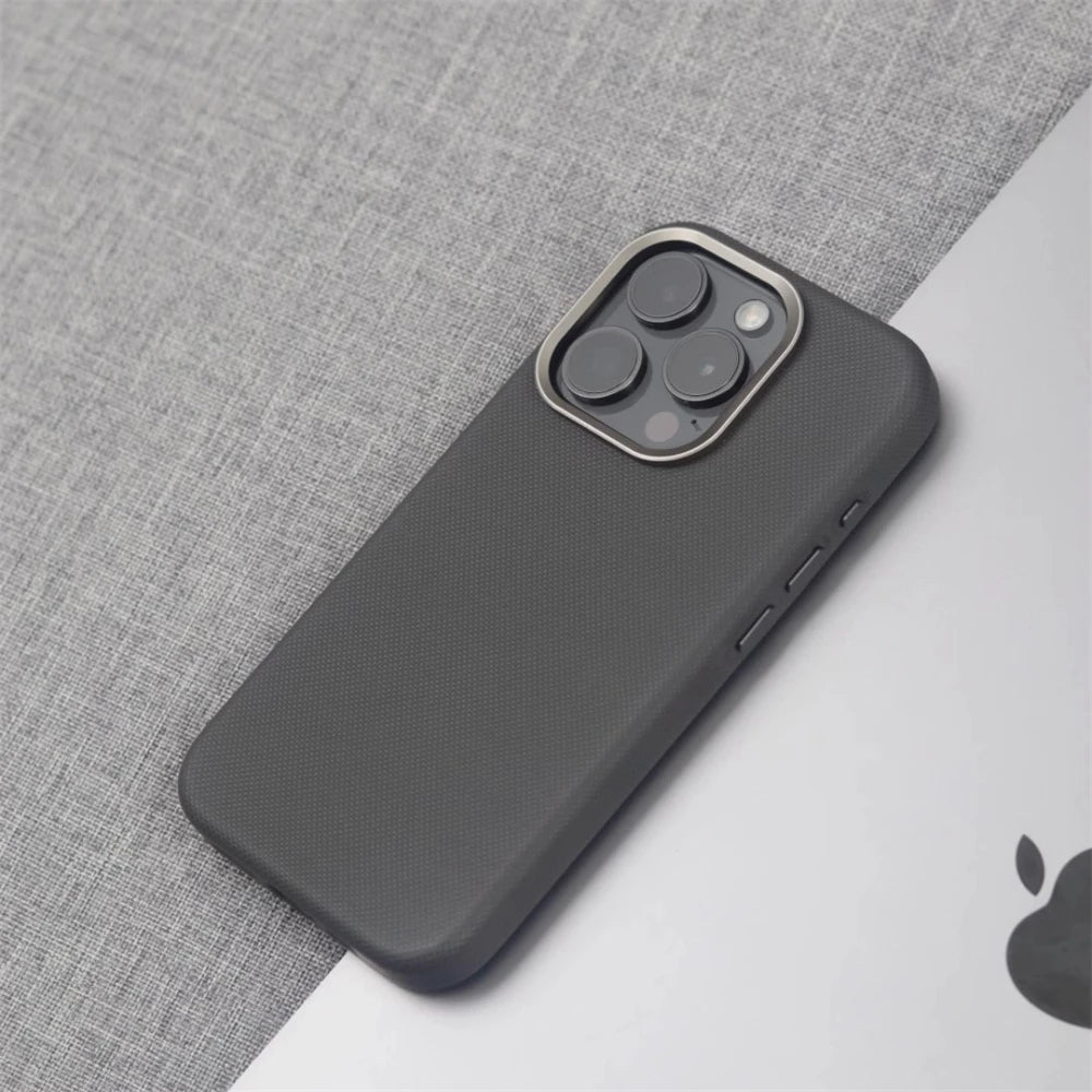 Luxury PU Leather Magnetic iPhone Case Alloy Lens Frame MagSafe Cover