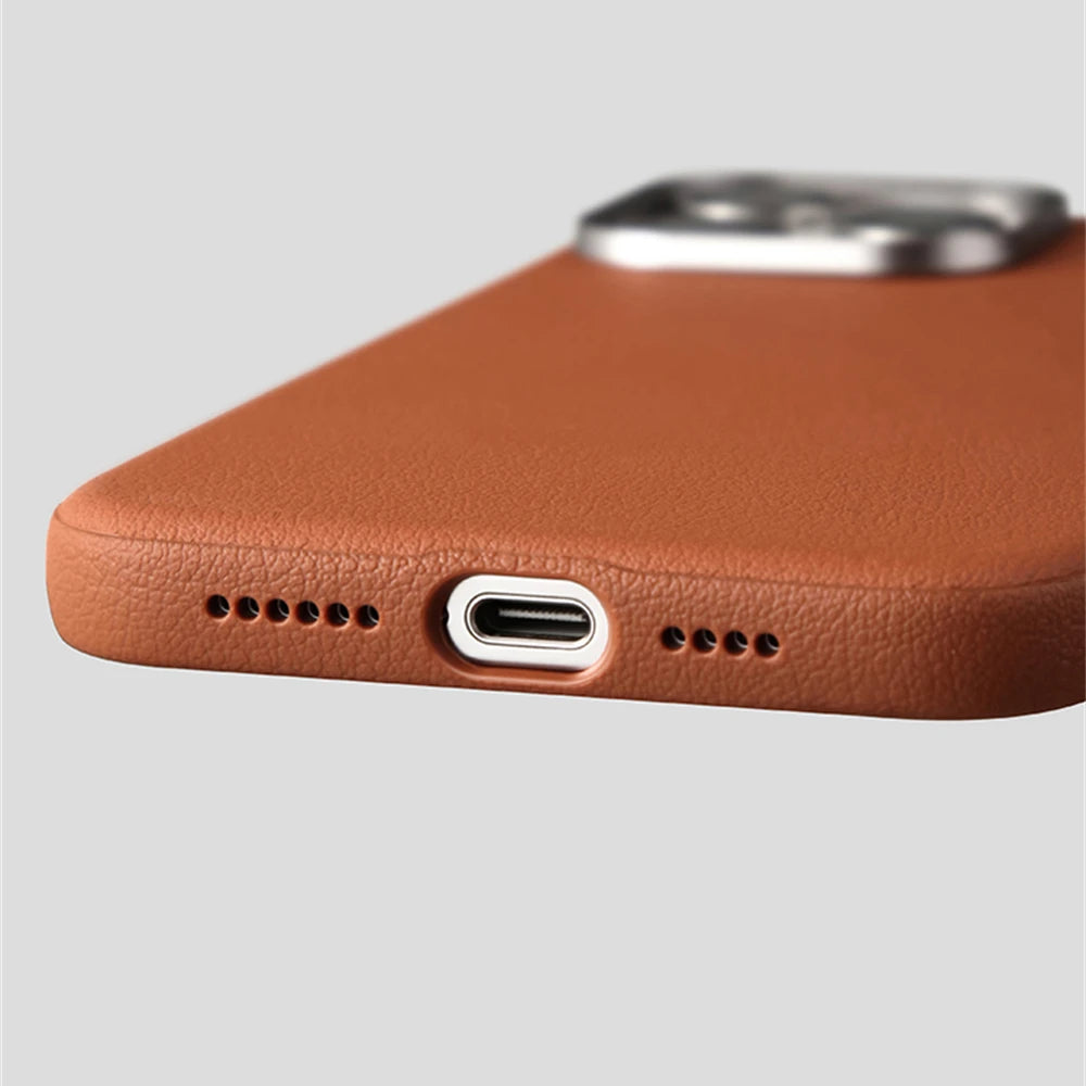 Luxury Business PU Leather Magnetic iPhone Case Metal Camera MagSafe Cover