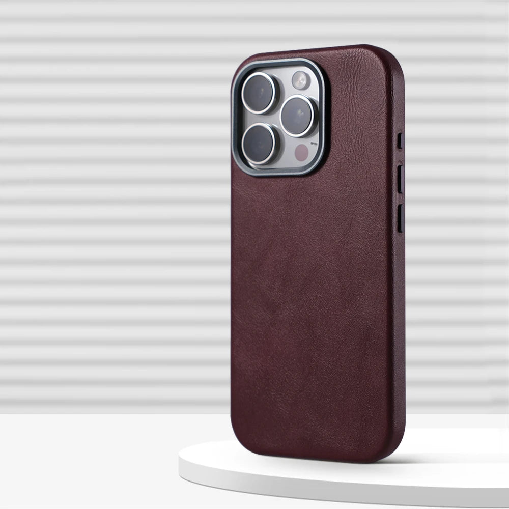 Luxury Retro Leather MagSafe iPhone Case Business Magnetic Alloy Lens Cover