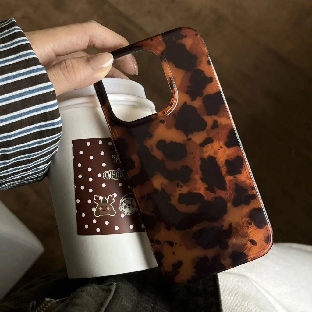 Retro Amber Leopard Print iPhone Case Laser Texture Shockproof Soft Cover