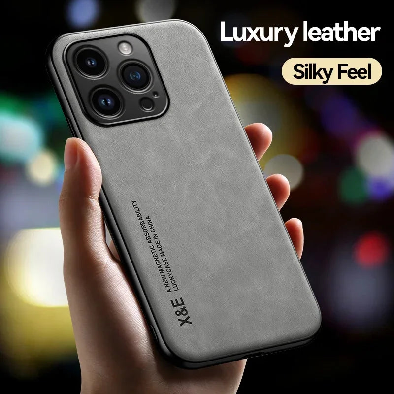 Luxury Leather iPhone Case with Metal Plate Magnetic Car Mount Support Cover