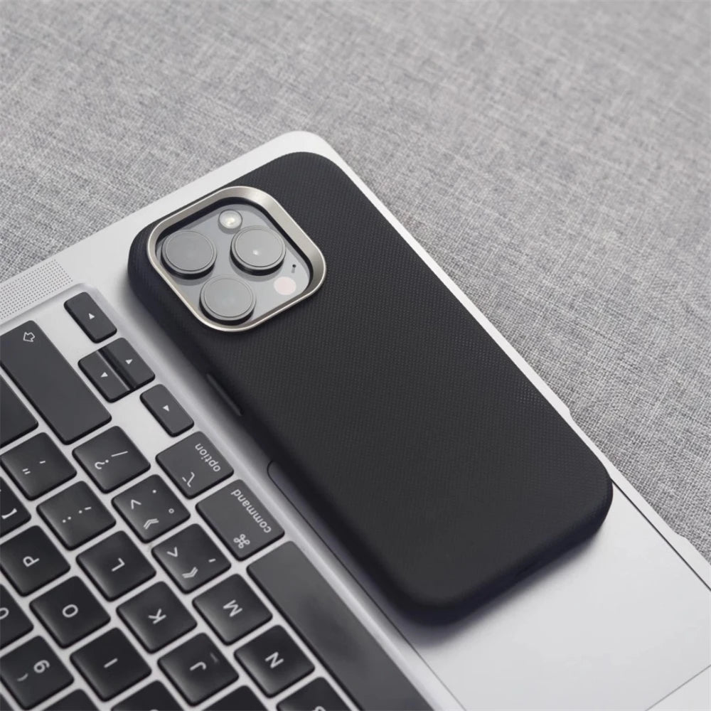 Luxury PU Leather Magnetic iPhone Case Alloy Lens Frame MagSafe Cover