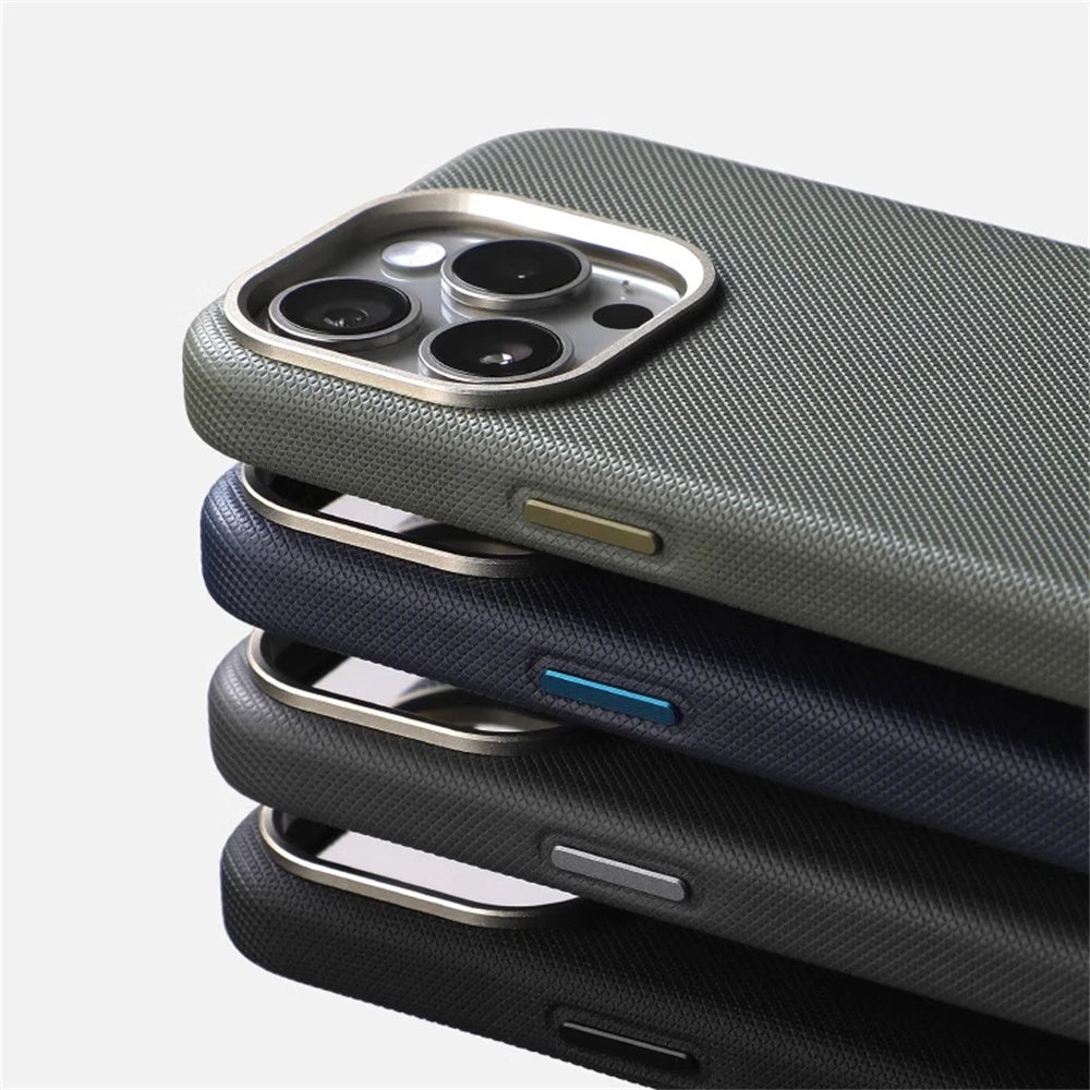 Luxury PU Leather Magnetic iPhone Case Alloy Lens Frame MagSafe Cover