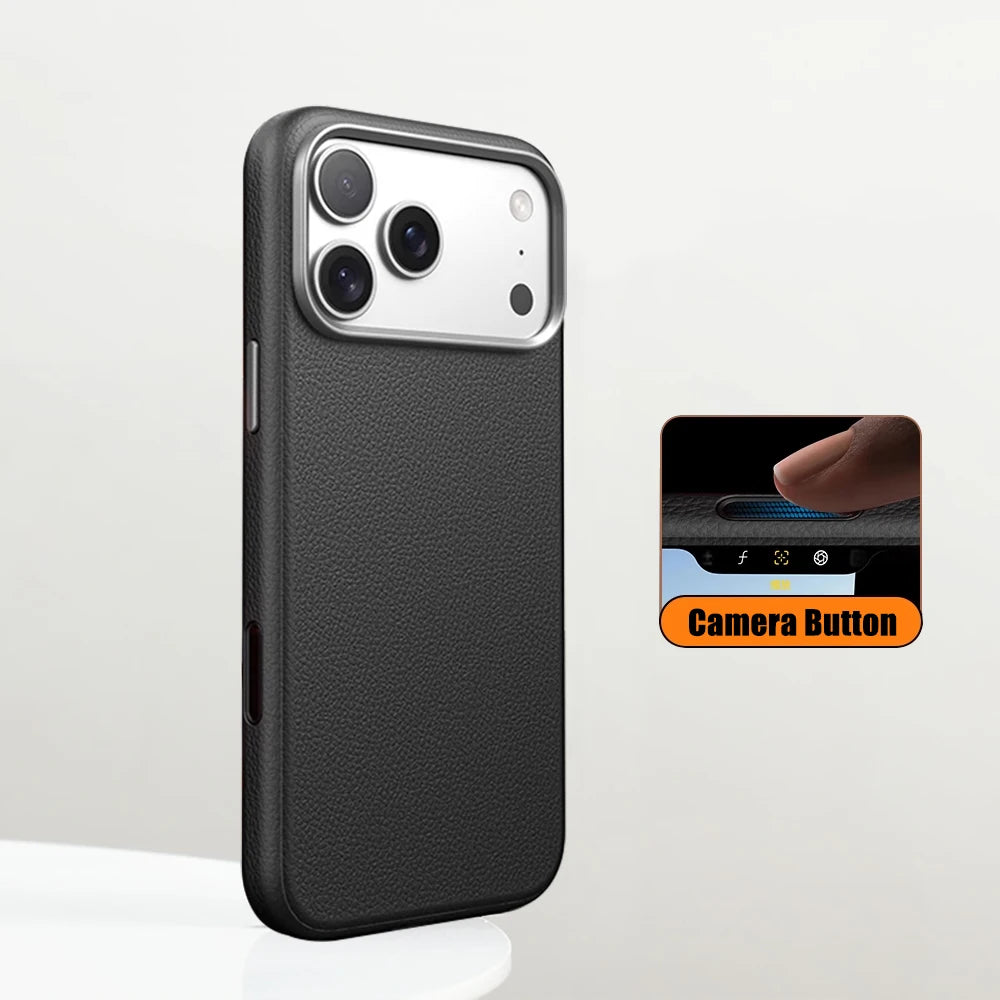 Luxury Business PU Leather Magnetic iPhone Case Metal Camera MagSafe Cover