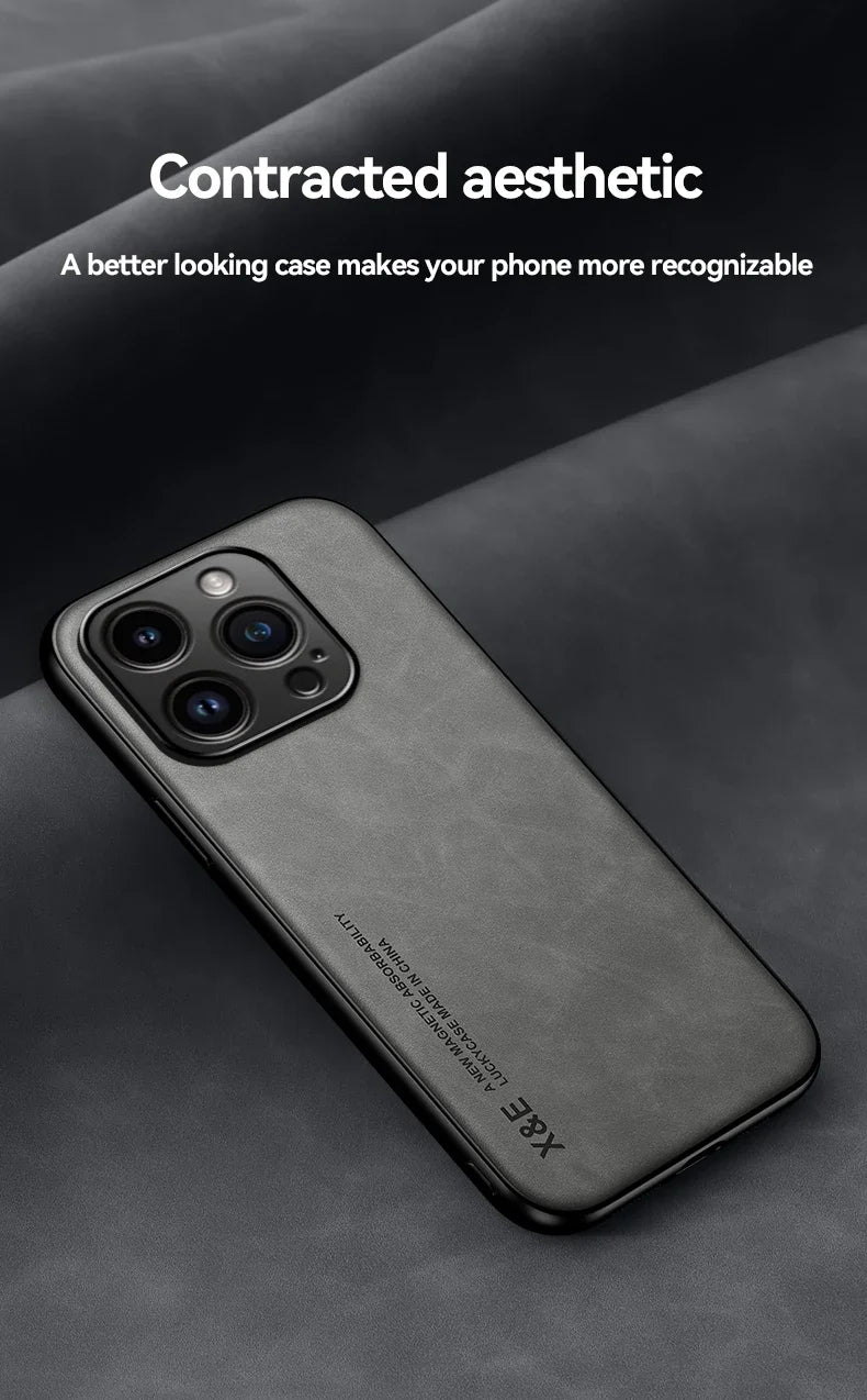 Luxury Leather iPhone Case with Metal Plate Magnetic Car Mount Support Cover