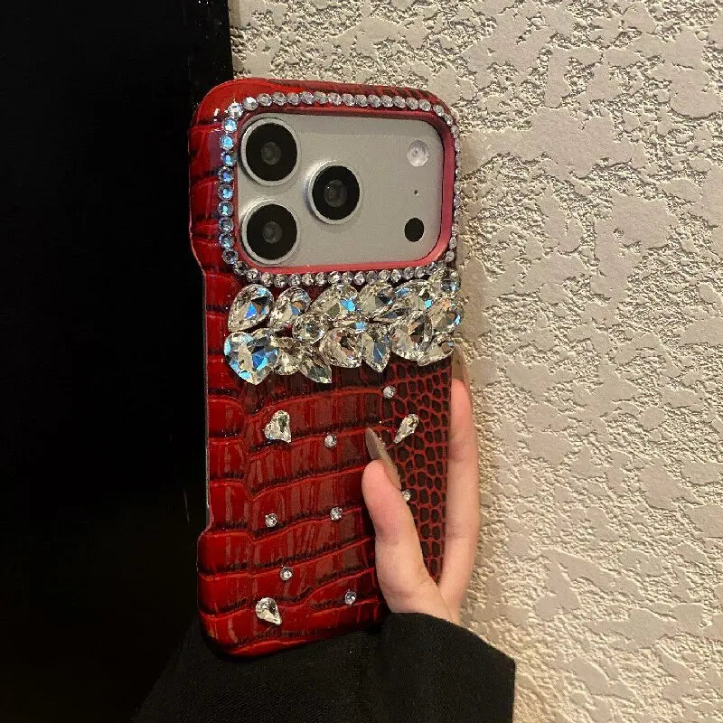 Luxury Crocodile Grain Leather iPhone Case Jewelled Hard Back Protective Cover