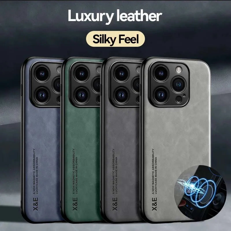 Luxury Leather iPhone Case with Metal Plate Magnetic Car Mount Support Cover Main image