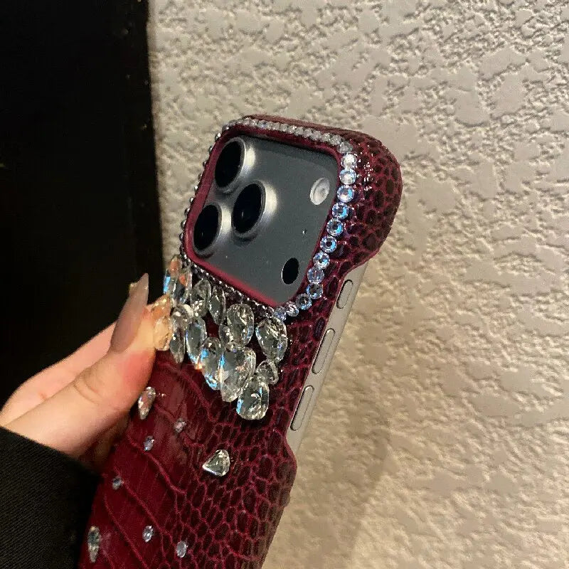 Luxury Crocodile Grain Leather iPhone Case Jewelled Hard Back Protective Cover