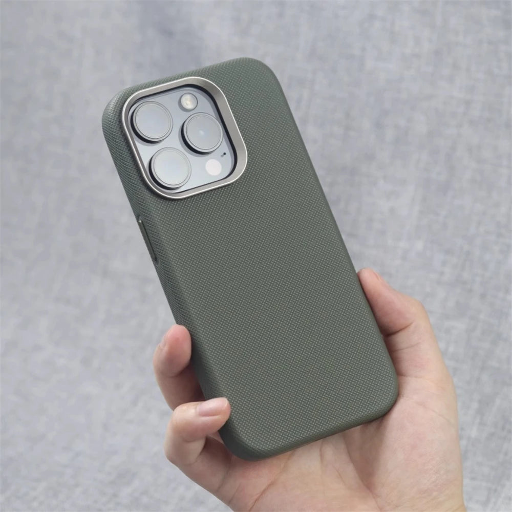 Luxury PU Leather Magnetic iPhone Case Alloy Lens Frame MagSafe Cover