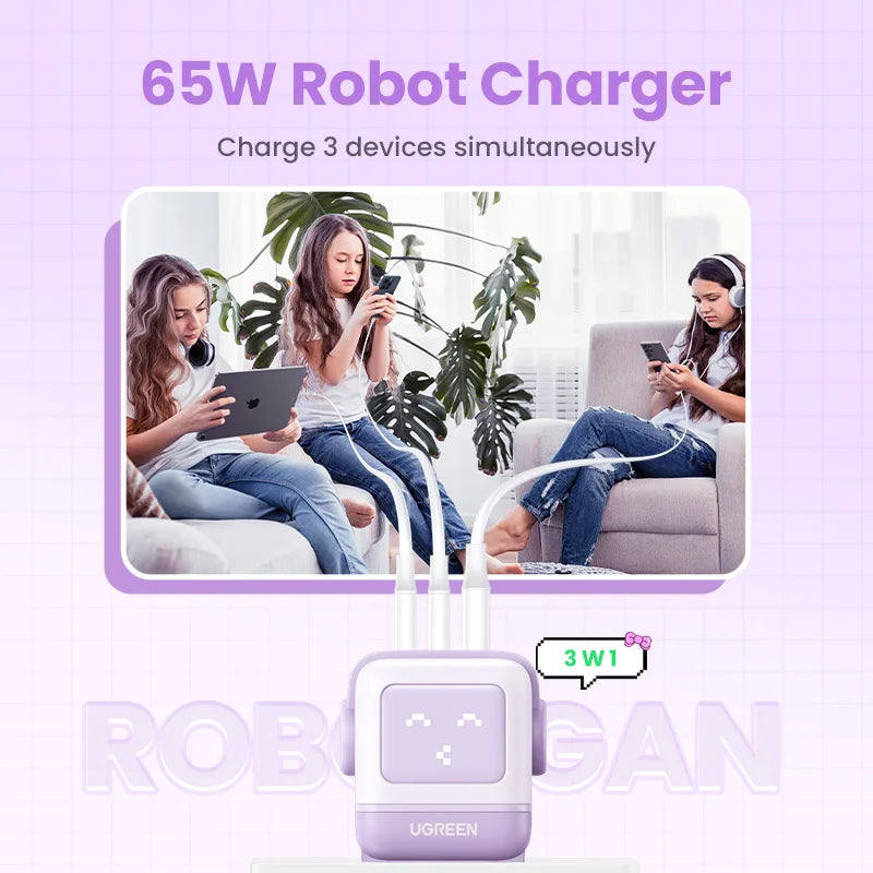 UGREEN 65W GaN Charger Robot Design PD Fast Charger USB-C Multi Port Adapter