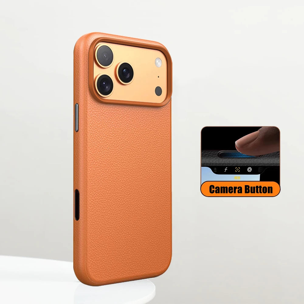 Luxury Business PU Leather Magnetic iPhone Case Metal Camera MagSafe Cover